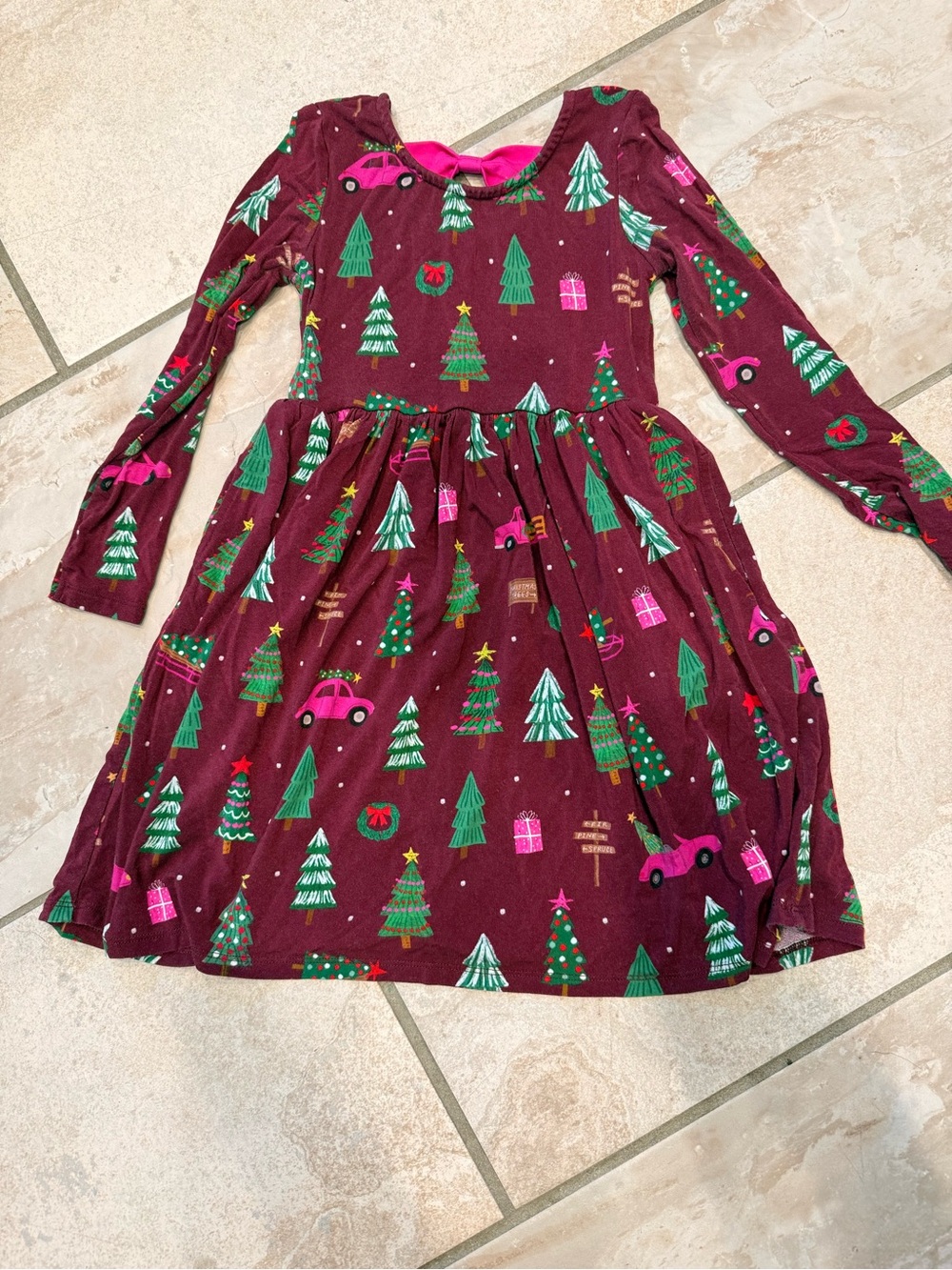 Little Sleepies Burgundy Long-Sleeve Holiday Tree Print Dress with Pink Accents